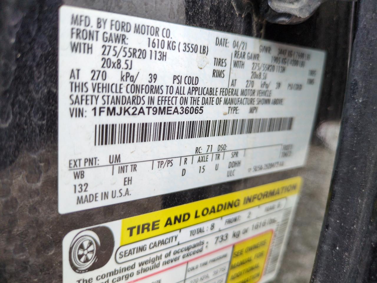 2021 Ford Expedition Max Limited VIN: 1FMJK2AT9MEA36065 Lot: 62787335