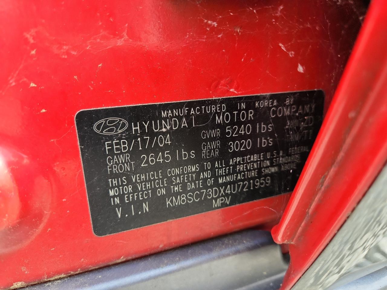 2004 Hyundai Santa Fe Gls VIN: KM8SC73DX4U721959 Lot: 64807405