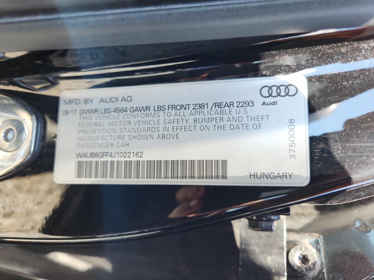 2018 Audi A3 Premium VIN: WAUB8GFF4J1022162 Lot: 64016735