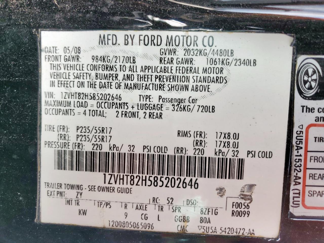 2008 Ford Mustang Gt VIN: 1ZVHT82H585202646 Lot: 63457175