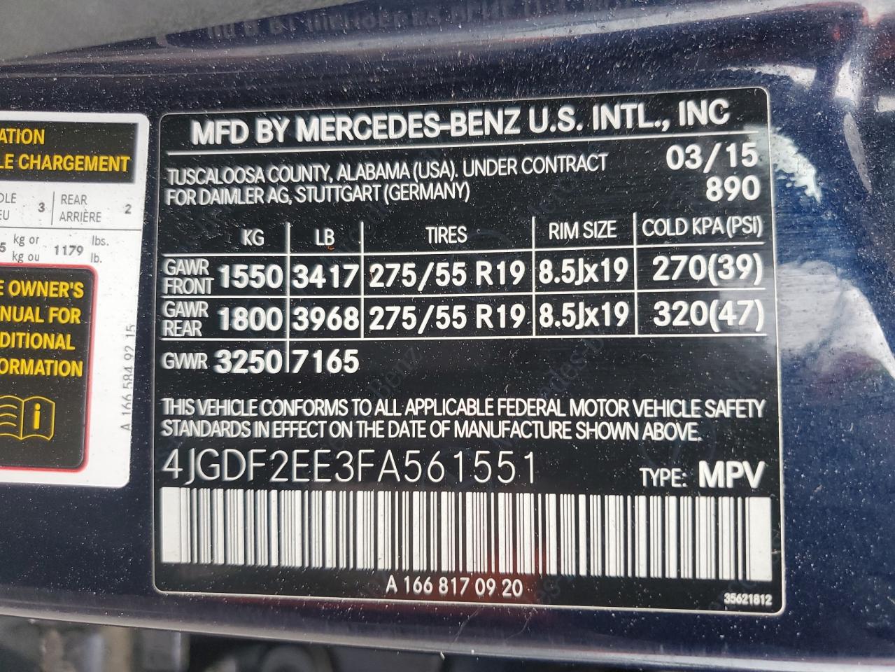 2015 Mercedes-Benz Gl 350 Bluetec VIN: 4JGDF2EE3FA561551 Lot: 62683595