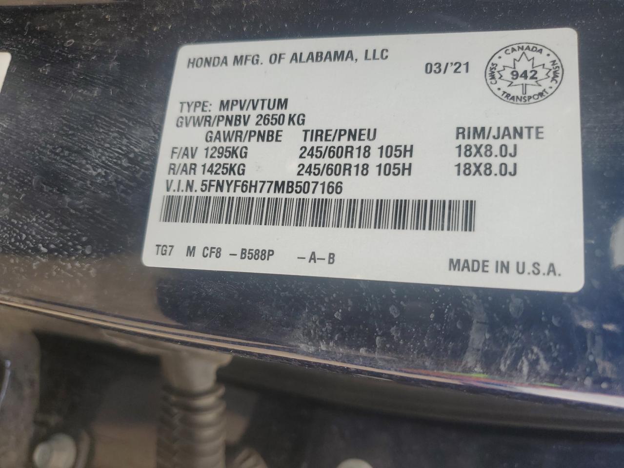 2021 Honda Pilot Black VIN: 5FNYF6H77MB507166 Lot: 64832455