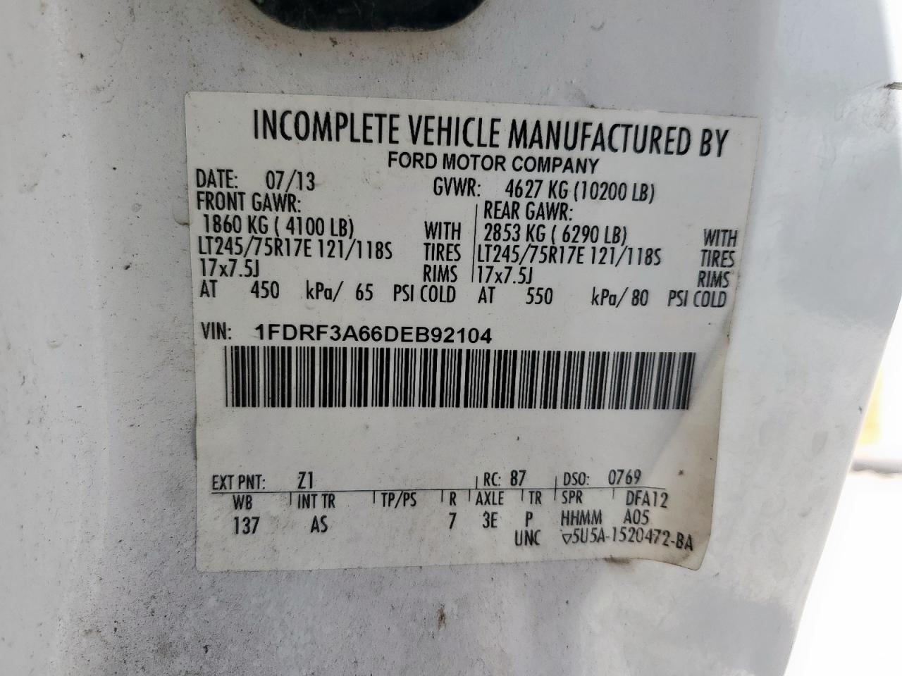 2013 Ford F350 Super Duty VIN: 1FDRF3A66DEB92104 Lot: 64672535