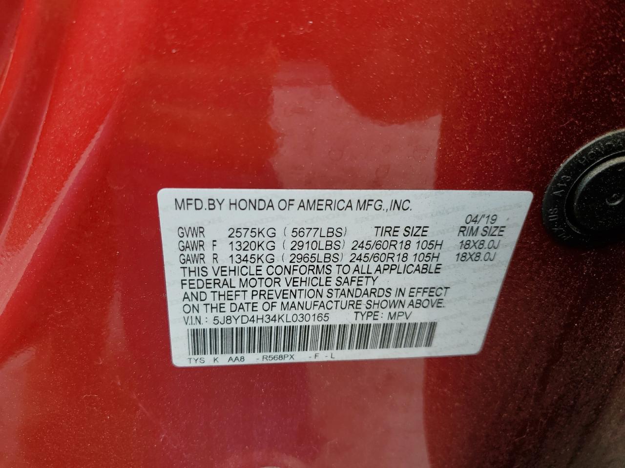 2019 Acura Mdx VIN: 5J8YD4H34KL030165 Lot: 62636695