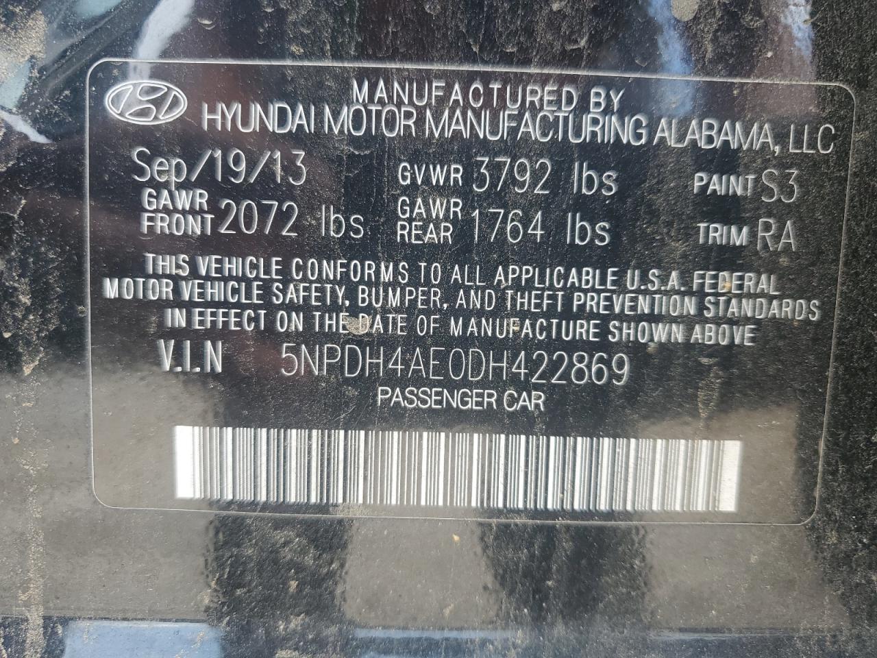 2013 Hyundai Elantra Gls VIN: 5NPDH4AE0DH422869 Lot: 64850415