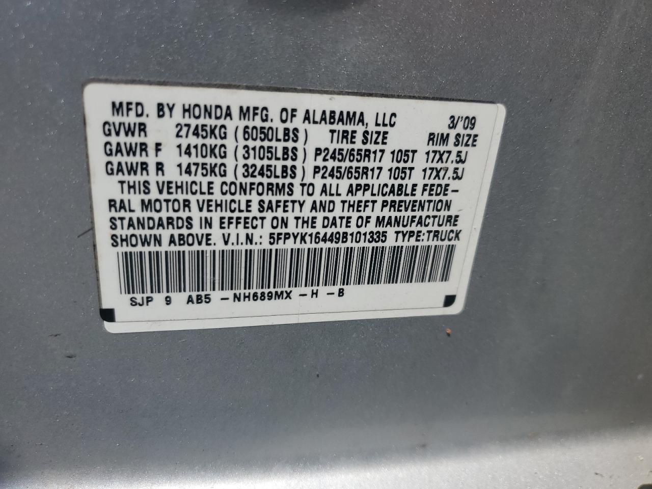 5fpyk16449b101335 5FPYK16449B101335 2009 Honda Ridgeline Rts