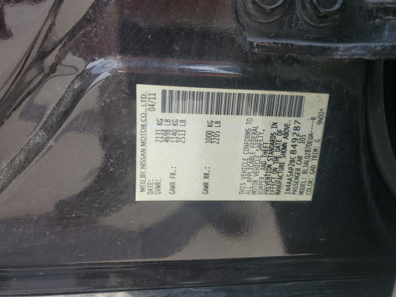 2011 Nissan Maxima S VIN: 1N4AA5AP2BC849287 Lot: 63372185