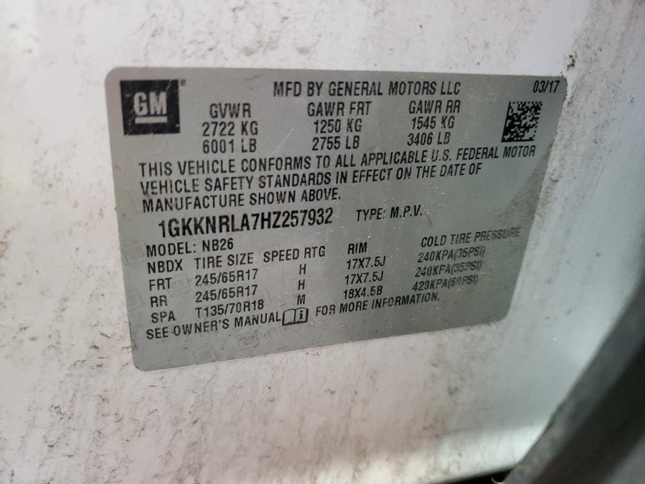 1gkknrla7hz257932 1GKKNRLA7HZ257932 2017 GMC Acadia Sle