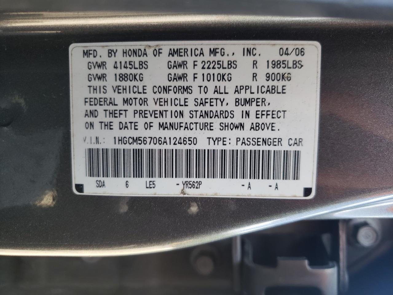 2006 Honda Accord Ex VIN: 1HGCM56706A124650 Lot: 66538155