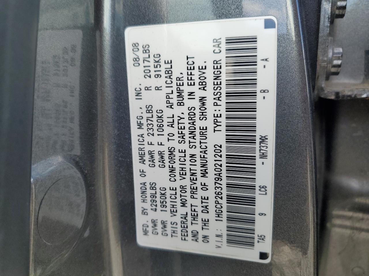 2009 Honda Accord Lx VIN: 1HGCP26379A021202 Lot: 65227965