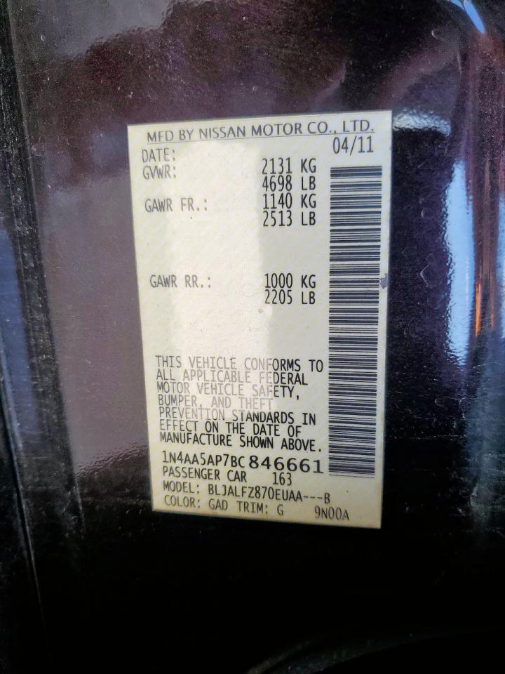 2011 Nissan Maxima S VIN: 1N4AA5AP7BC846661 Lot: 64545685