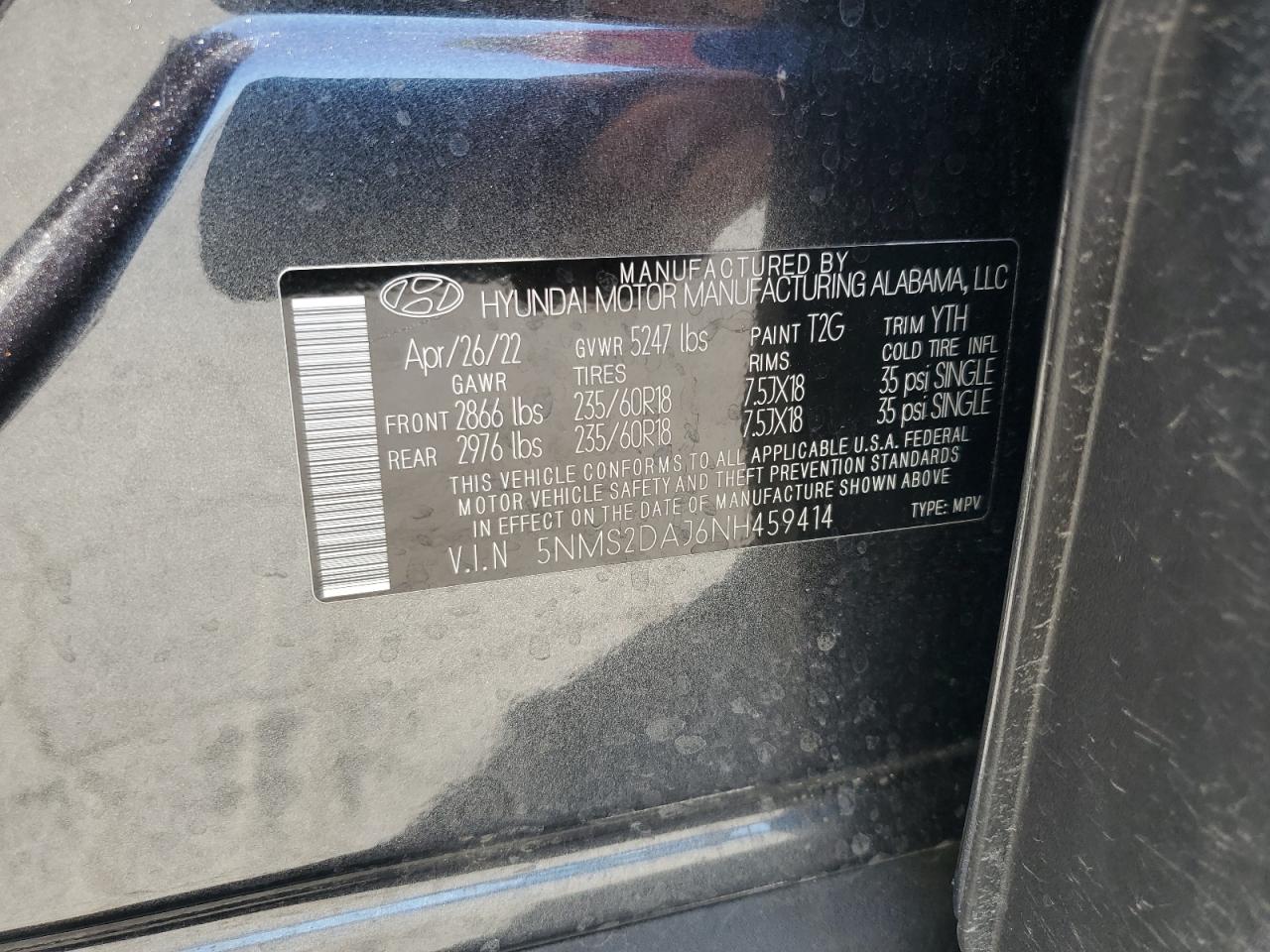 2022 Hyundai Santa Fe Sel VIN: 5NMS2DAJ6NH459414 Lot: 64291235