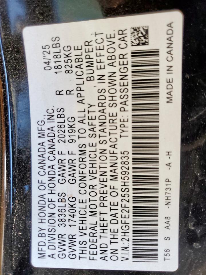 2025 Honda Civic Lx VIN: 2HGFE2F25SH592835 Lot: 65917555