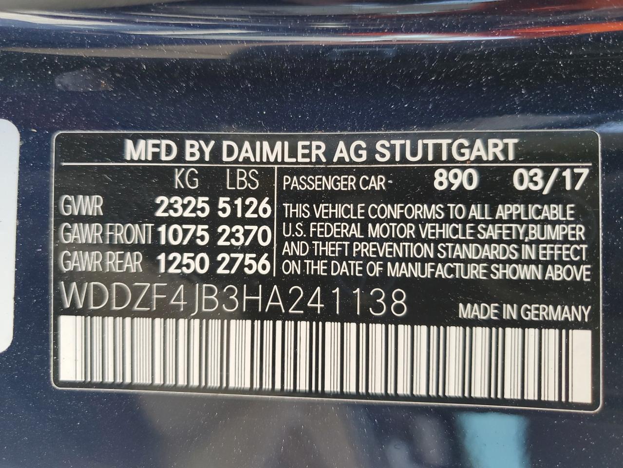 2017 Mercedes-Benz E 300 VIN: WDDZF4JB3HA241138 Lot: 64024955