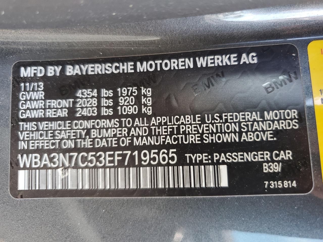 2014 BMW 428 I VIN: WBA3N7C53EF719565 Lot: 65461525