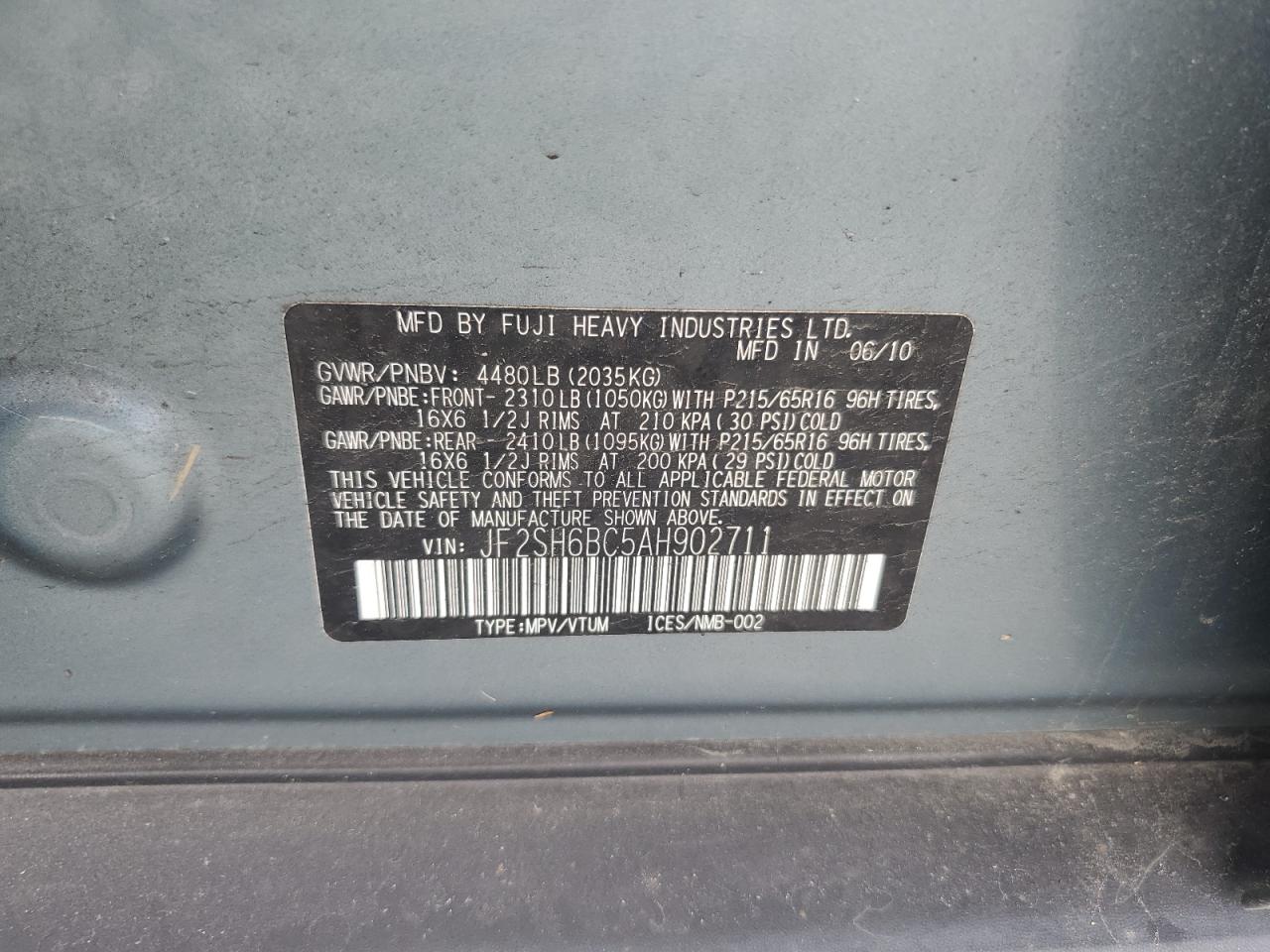 2010 Subaru Forester Xs VIN: JF2SH6BC5AH902711 Lot: 64510535