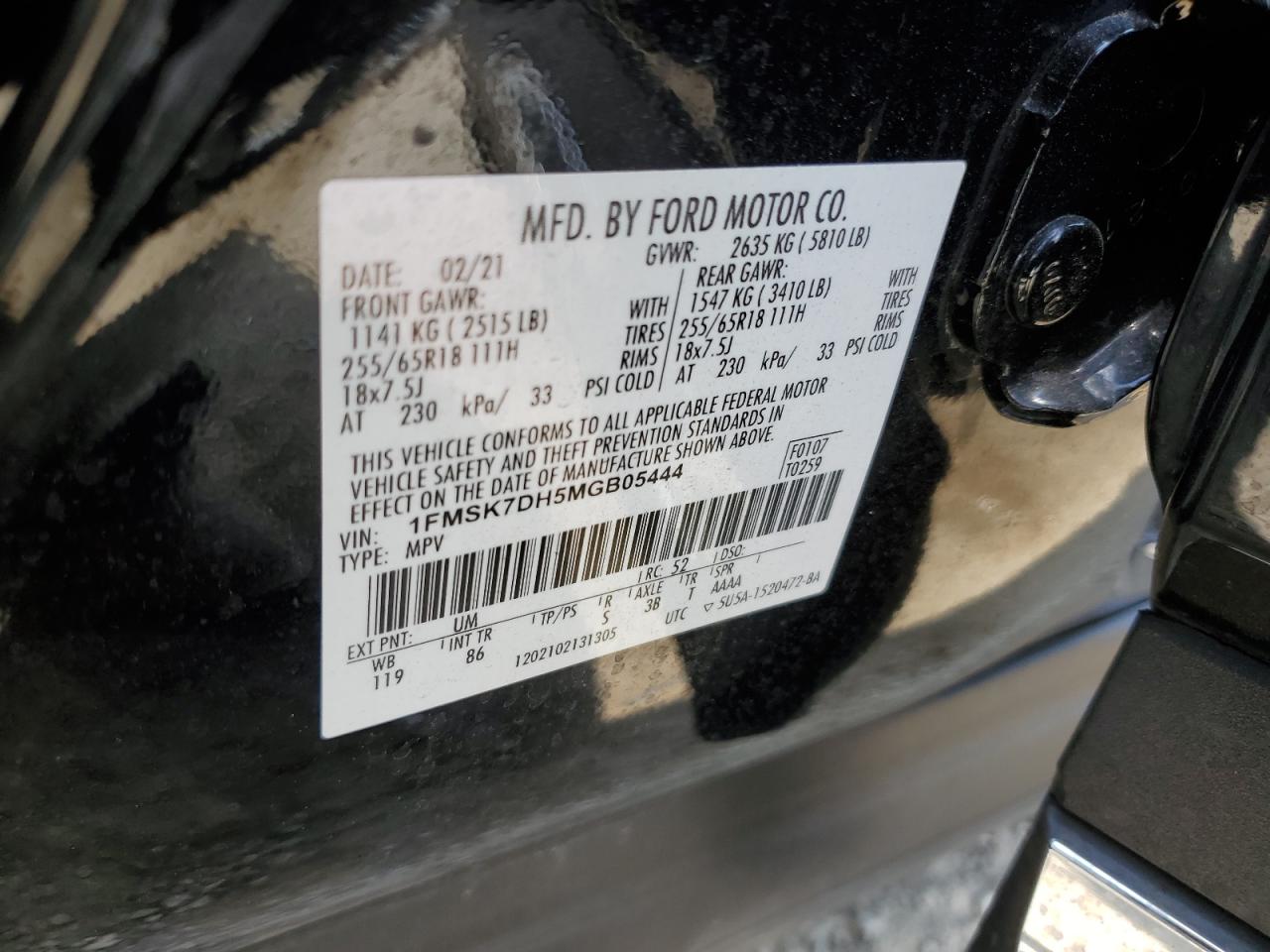 2021 Ford Explorer Xlt VIN: 1FMSK7DH5MGB05444 Lot: 64620885