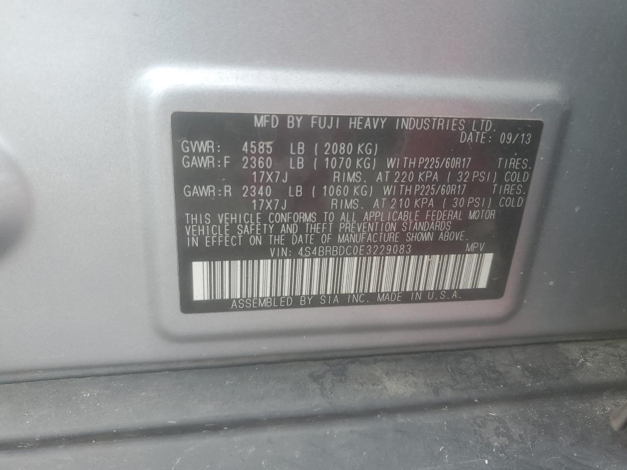 2014 Subaru Outback 2.5I Premium VIN: 4S4BRBDC0E3229083 Lot: 65003145