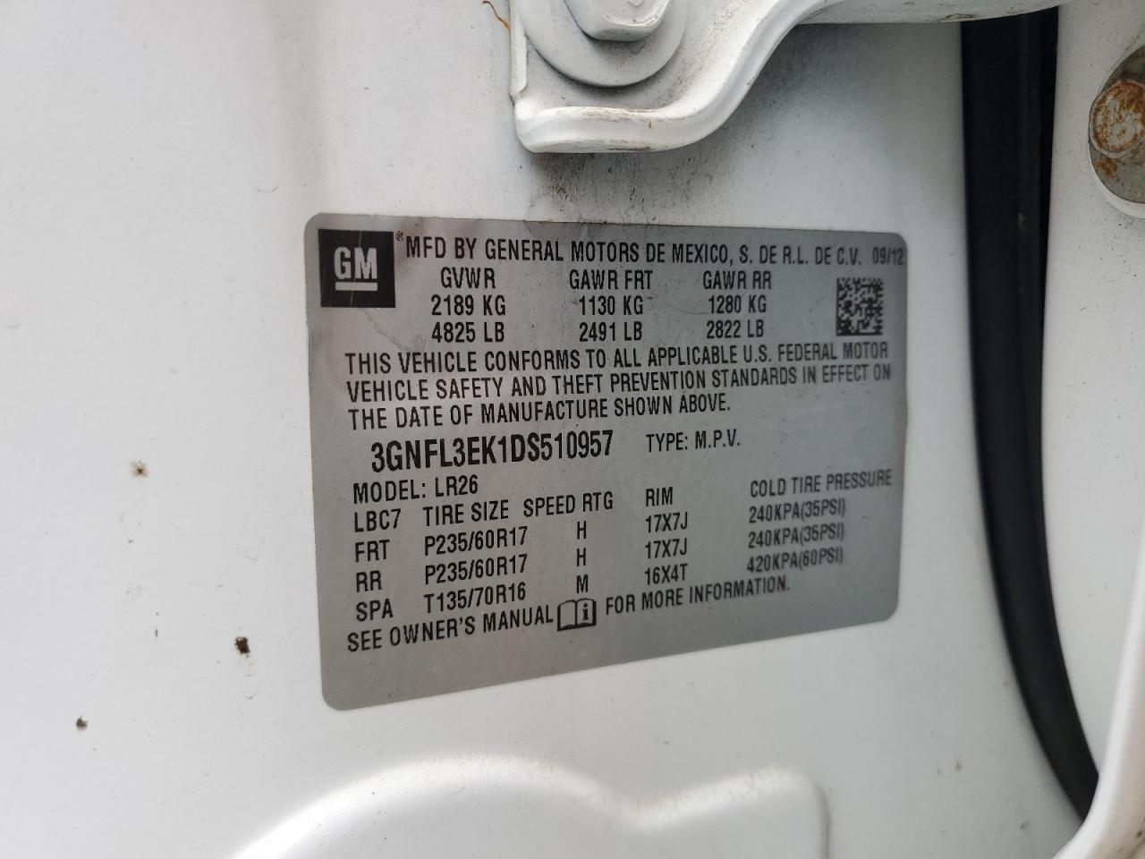 2013 Chevrolet Captiva Lt VIN: 3GNFL3EK1DS510957 Lot: 64634945