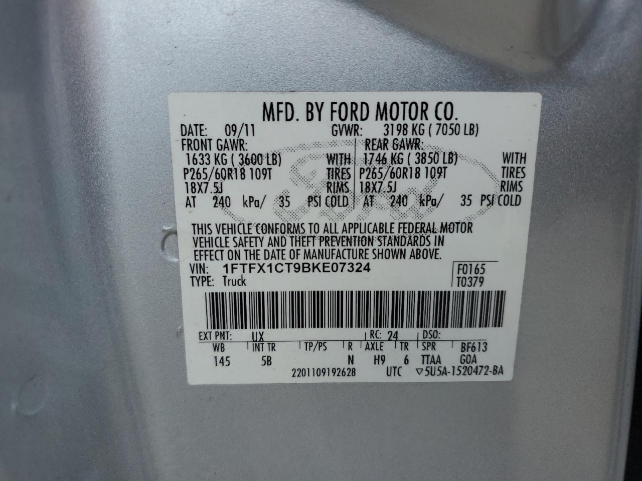 2011 Ford F150 Super Cab VIN: 1FTFX1CT9BKE07324 Lot: 64963805