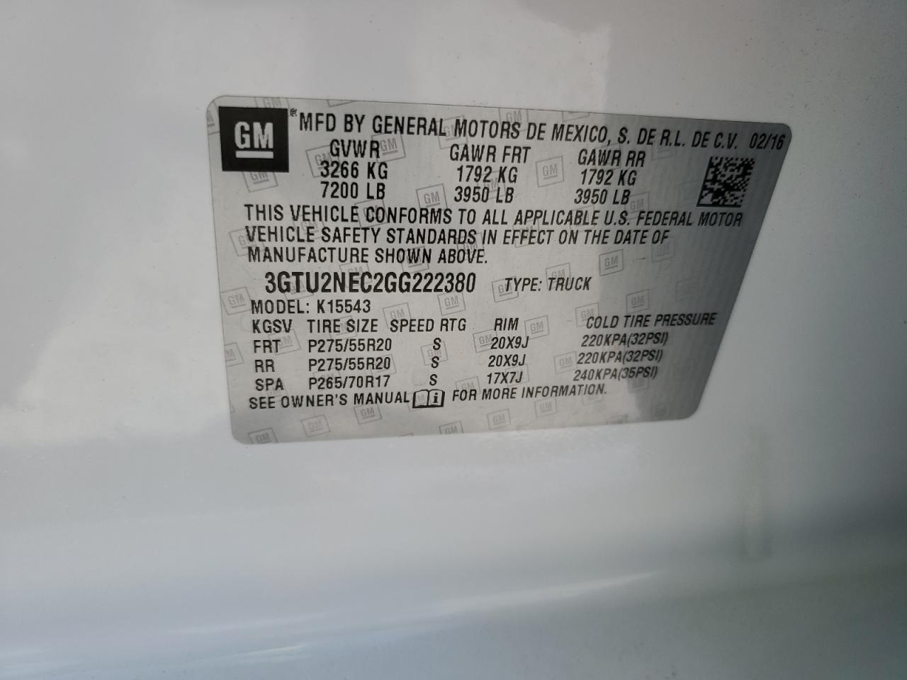 2016 GMC Sierra K1500 Slt VIN: 3GTU2NEC2GG222380 Lot: 64794395
