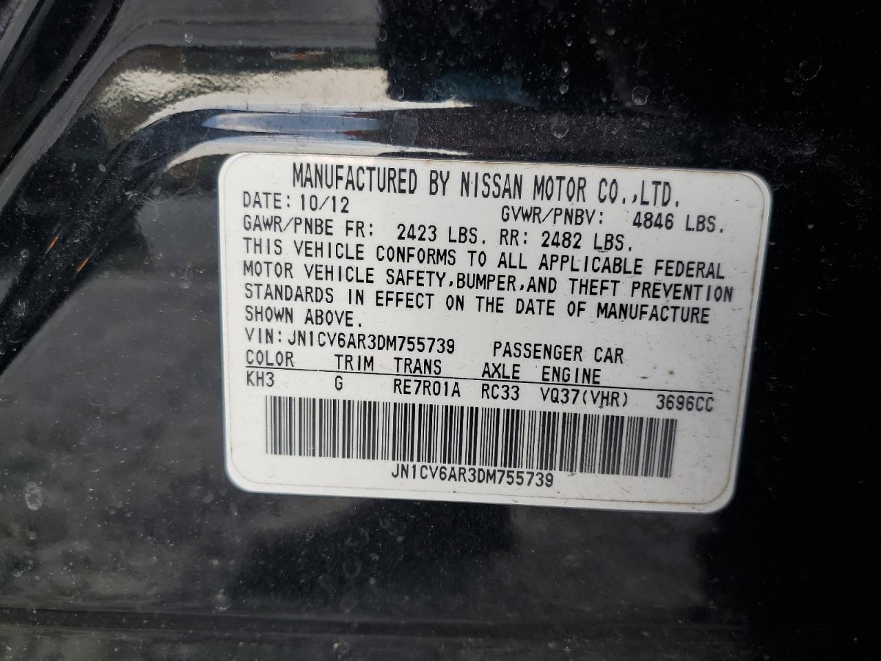 2013 Infiniti G37 VIN: JN1CV6AR3DM755739 Lot: 65442405