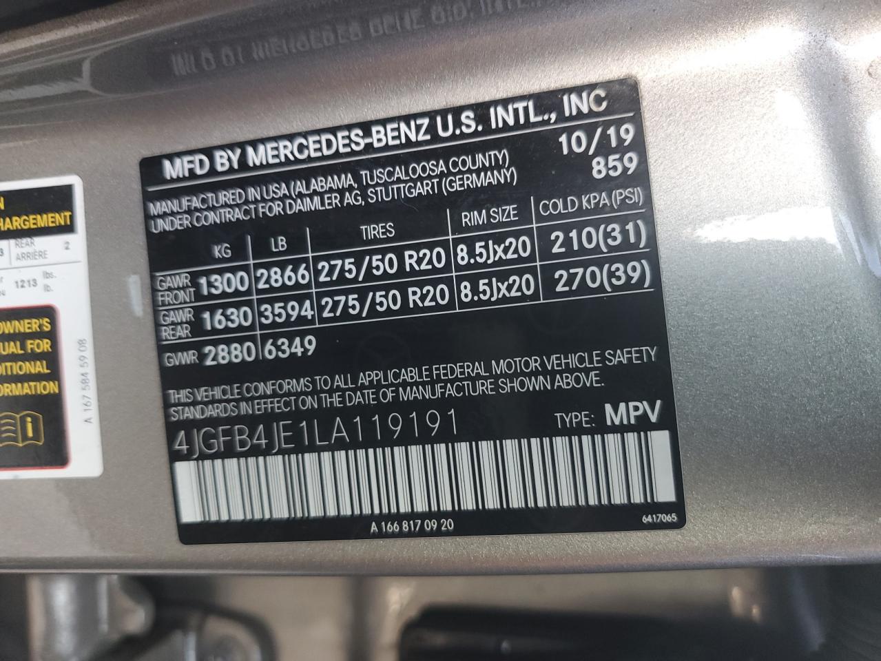 2020 Mercedes-Benz Gle 350 VIN: 4JGFB4JE1LA119191 Lot: 65211915