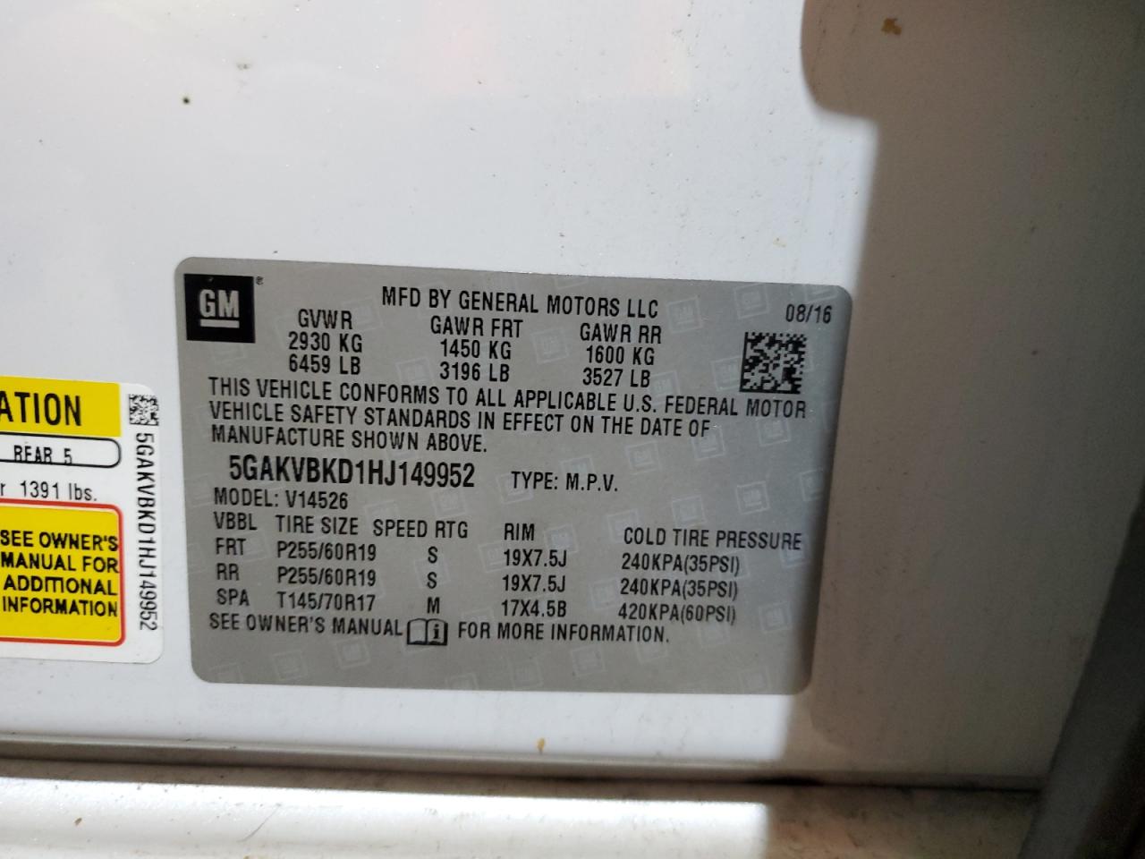 2017 Buick Enclave VIN: 5GAKVBKD1HJ149952 Lot: 62804375