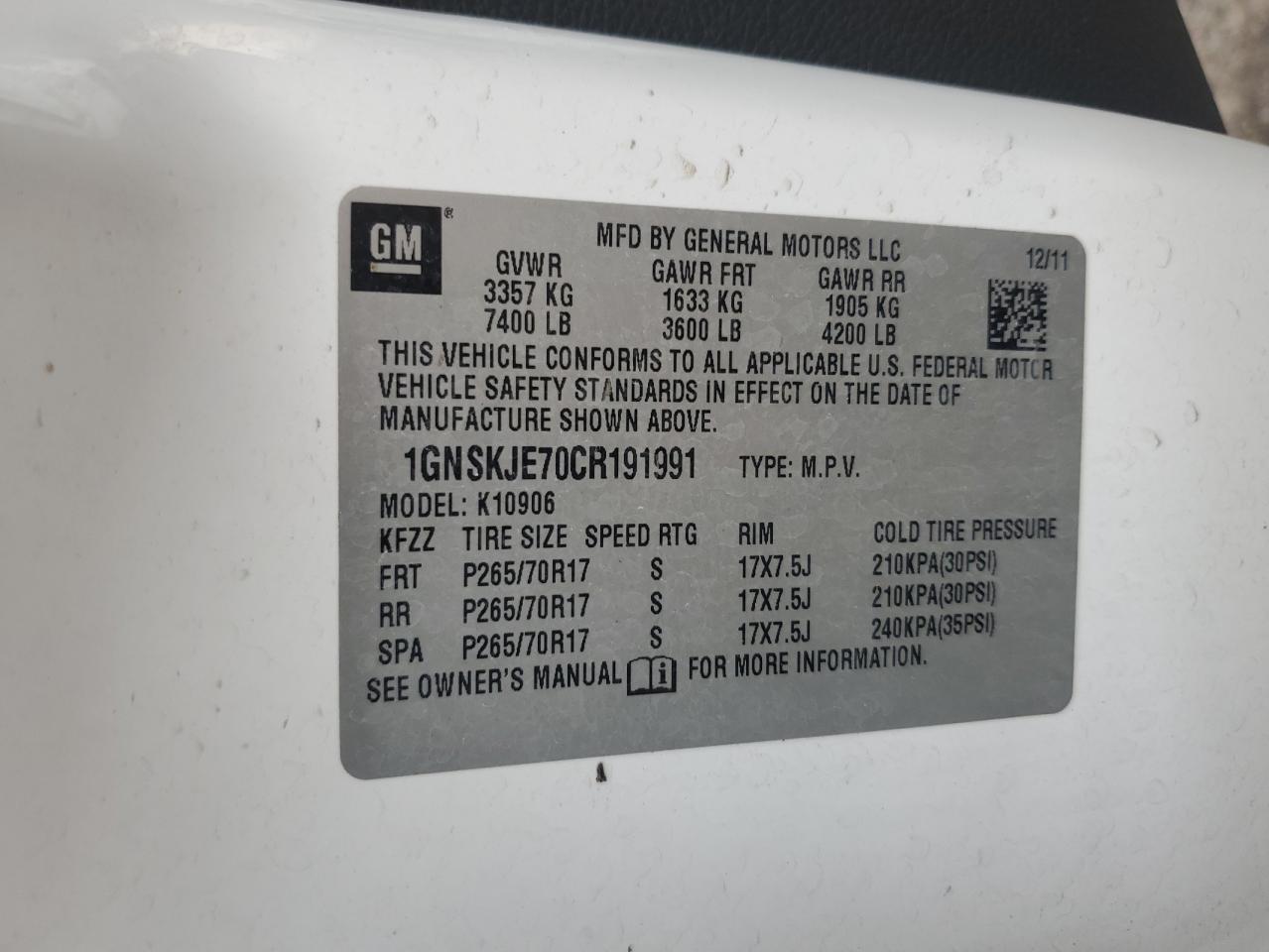 2012 Chevrolet Suburban K1500 Lt VIN: 1GNSKJE70CR191991 Lot: 64977605