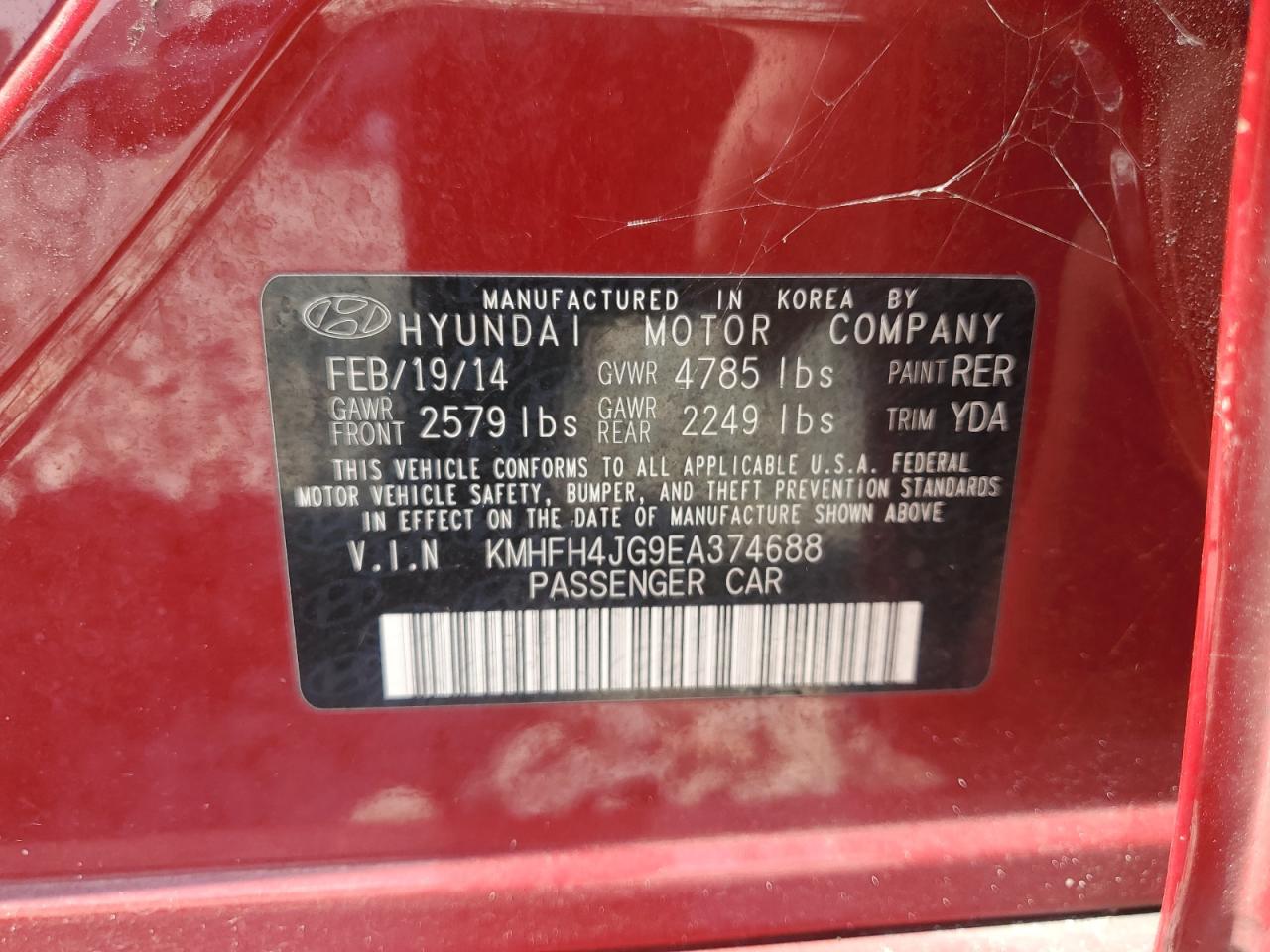 2014 Hyundai Azera Gls VIN: KMHFH4JG9EA374688 Lot: 64489555
