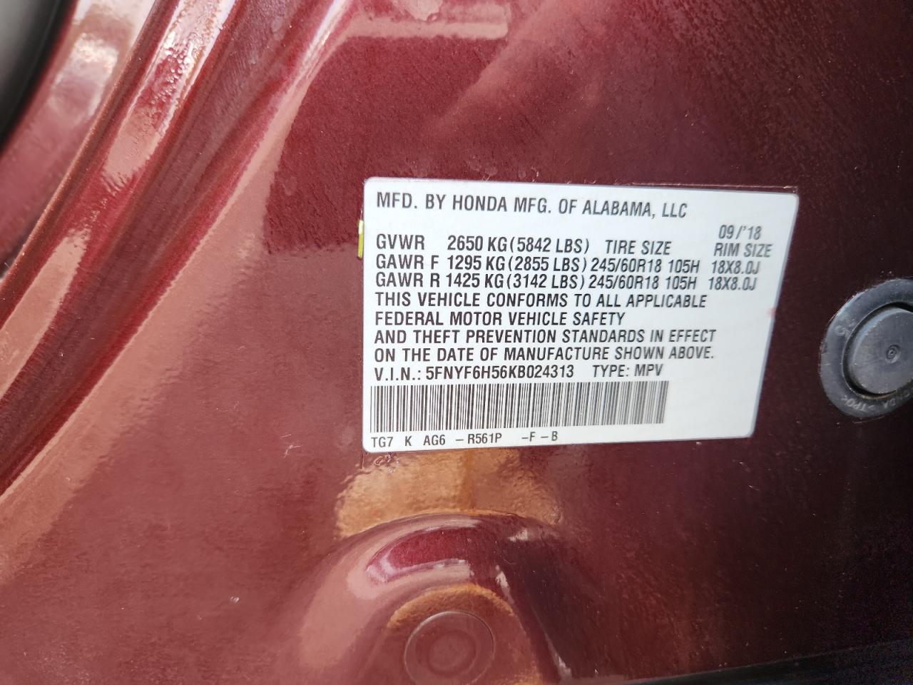 2019 Honda Pilot Exl VIN: 5FNYF6H56KB024313 Lot: 64022125