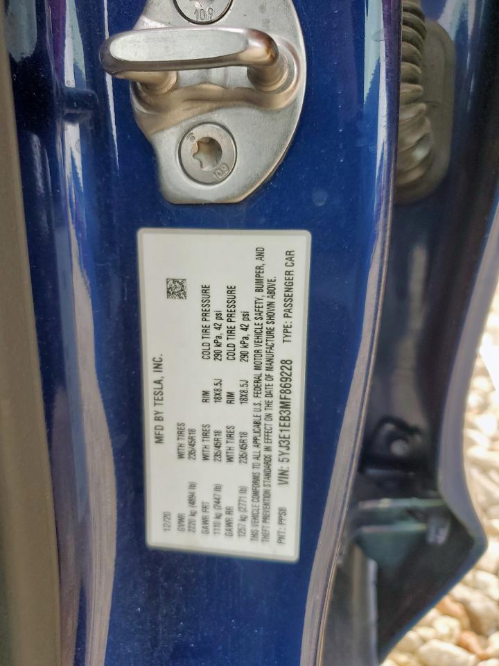 2021 Tesla Model 3 VIN: 5YJ3E1EB3MF869228 Lot: 62770685