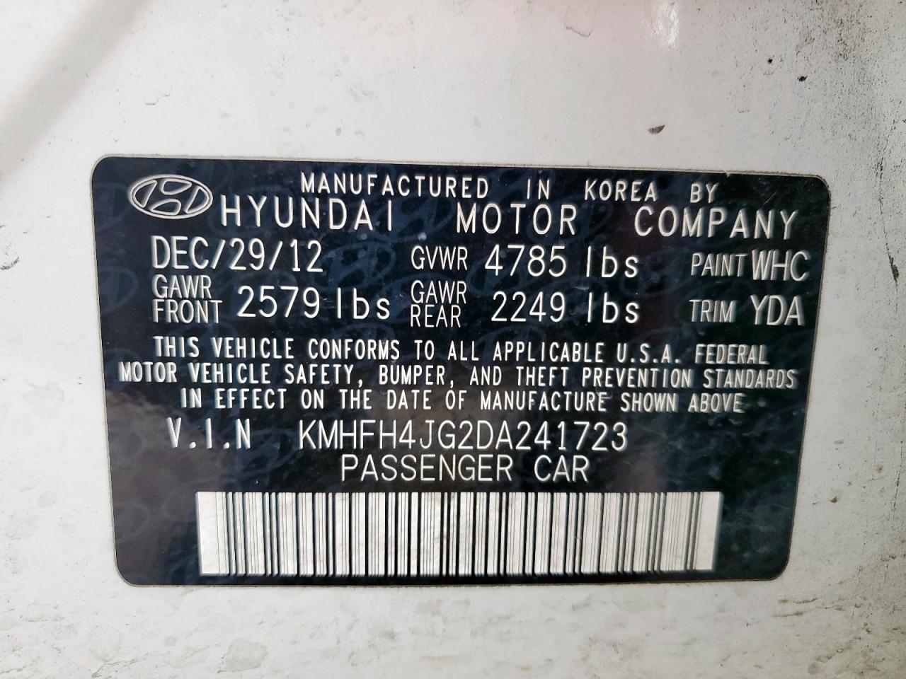 2013 Hyundai Azera Gls VIN: KMHFH4JG2DA241723 Lot: 63811385