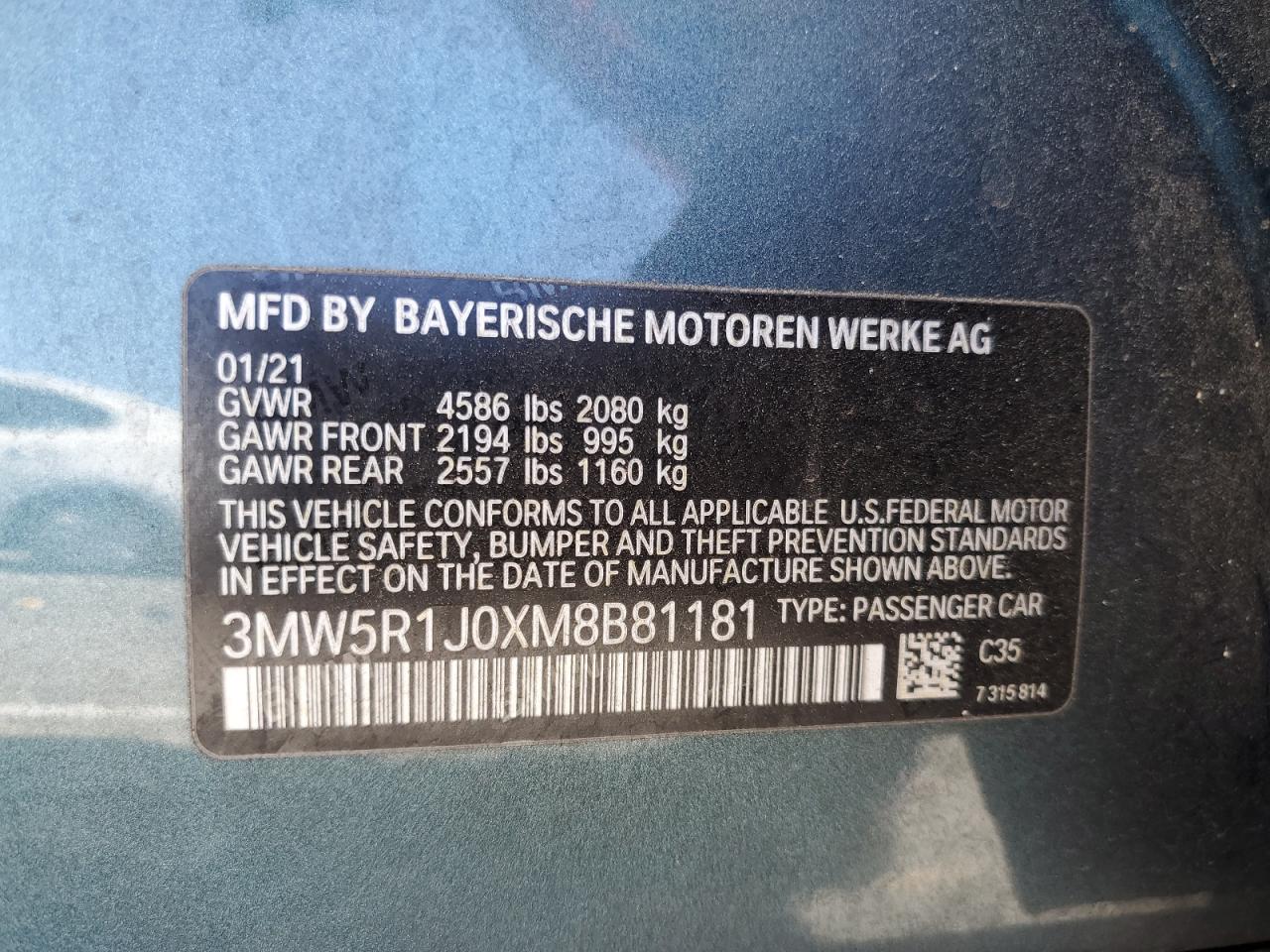 2021 BMW 330I VIN: 3MW5R1J0XM8B81181 Lot: 64122305