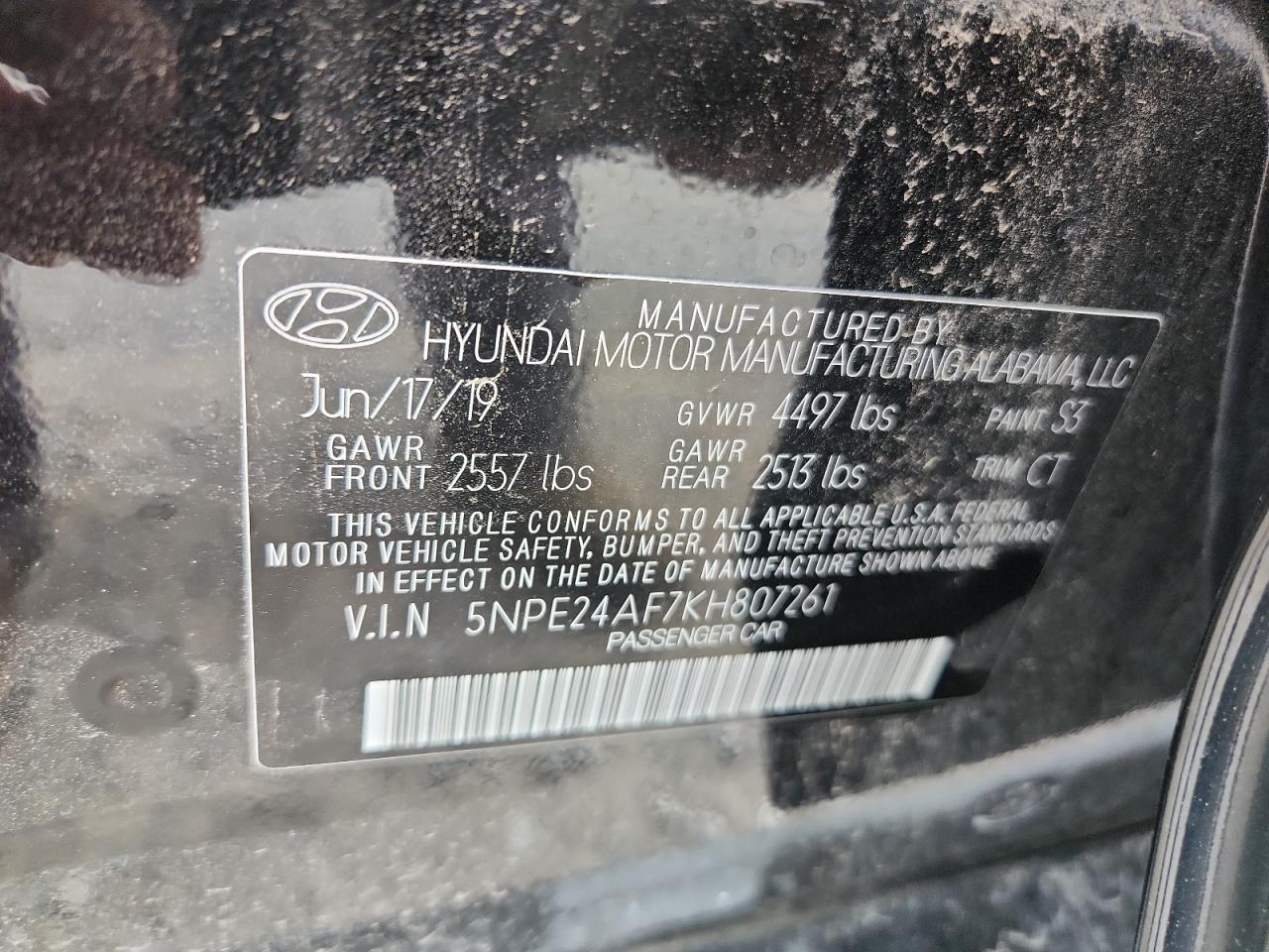 2019 Hyundai Sonata Se VIN: 5NPE24AF7KH807261 Lot: 65616595