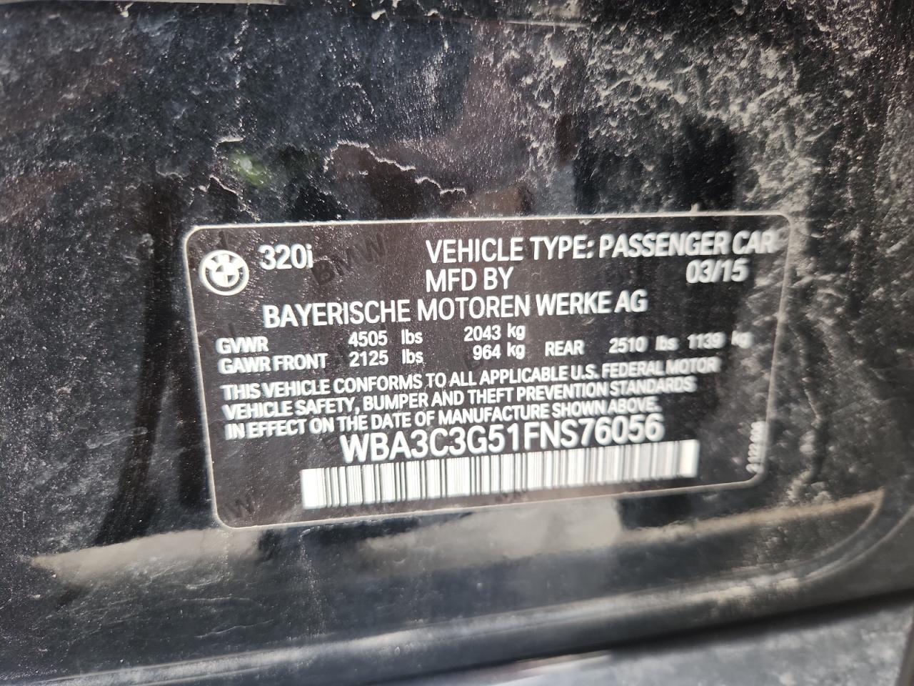 2015 BMW 320 I xDrive VIN: WBA3C3G51FNS76056 Lot: 63595335