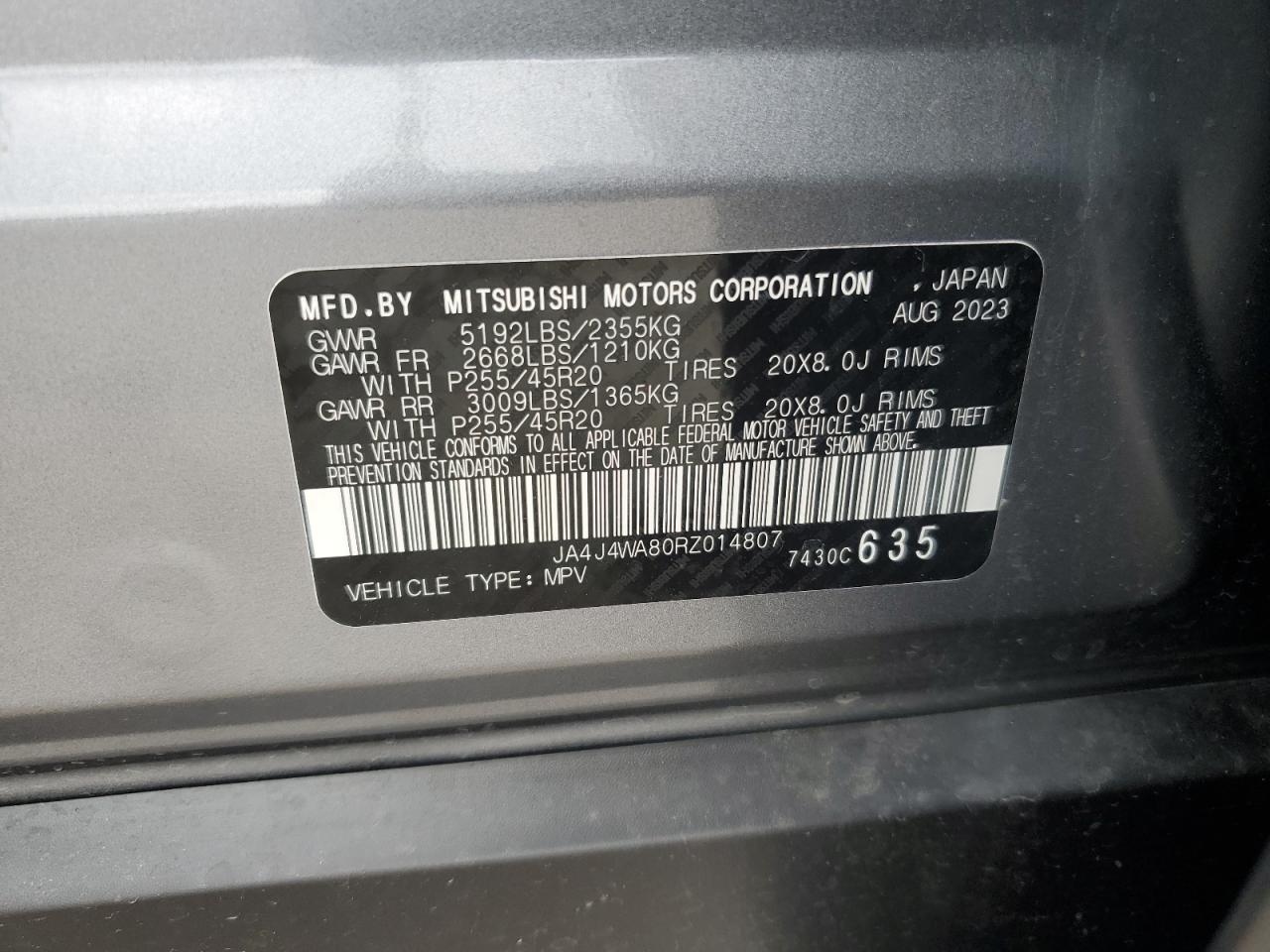 2024 Mitsubishi Outlander Sel VIN: JA4J4WA80RZ014807 Lot: 64960255