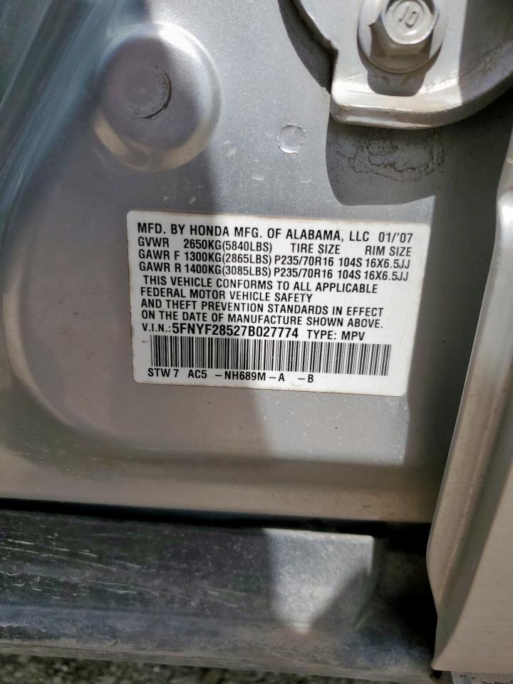 2007 Honda Pilot Exl VIN: 5FNYF28527B027774 Lot: 63363825