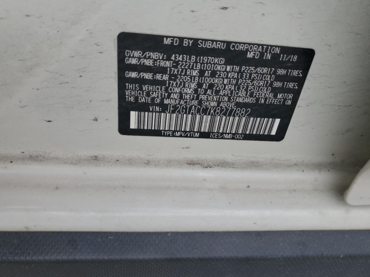 2019 Subaru Crosstrek Premium VIN: JF2GTACC7K8277882 Lot: 63098575