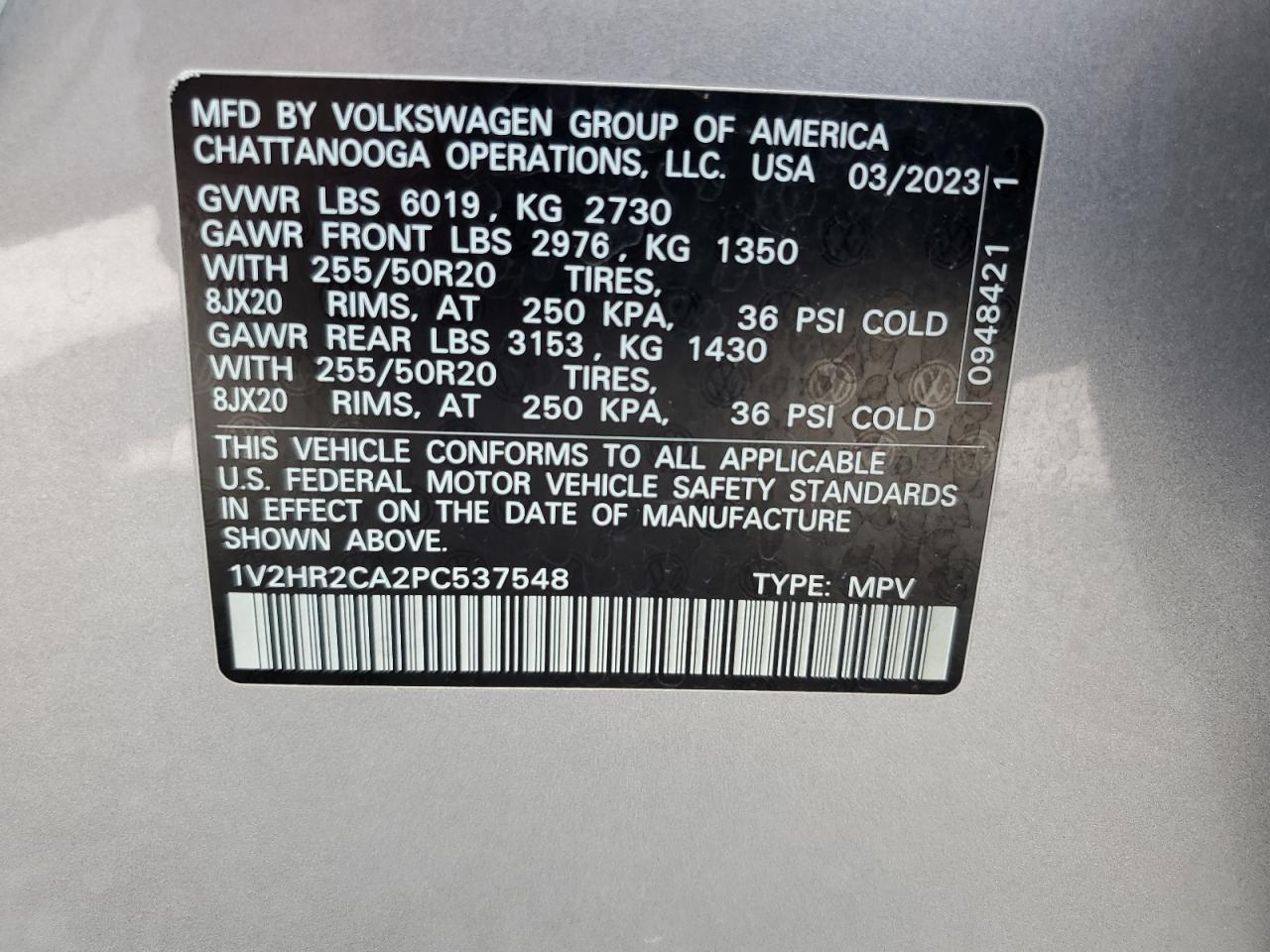 2023 Volkswagen Atlas Se VIN: 1V2HR2CA2PC537548 Lot: 63802455