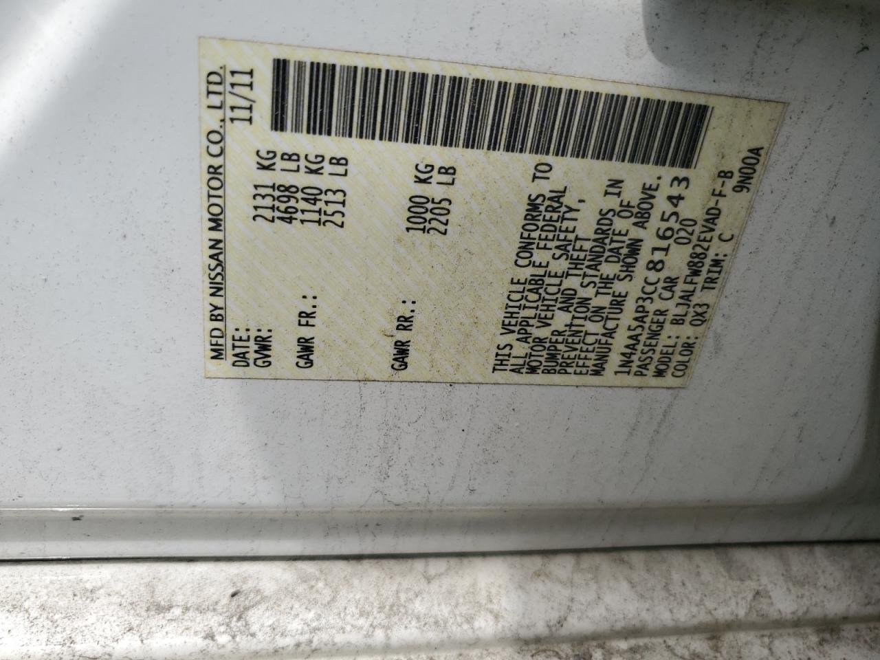 2012 Nissan Maxima S VIN: 1N4AA5AP3CC816543 Lot: 63647765