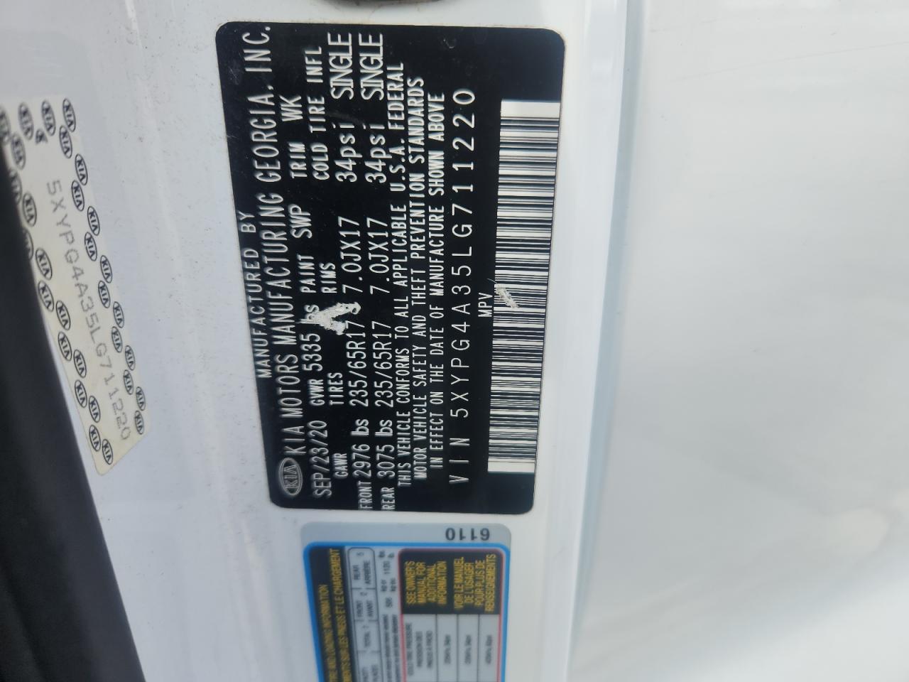 2020 Kia Sorento L VIN: 5XYPG4A35LG711220 Lot: 64962005