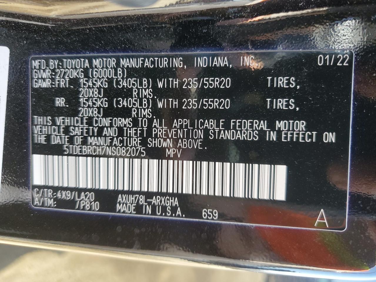 2022 Toyota Highlander Hybrid Platinum VIN: 5TDEBRCH7NS082075 Lot: 63867055