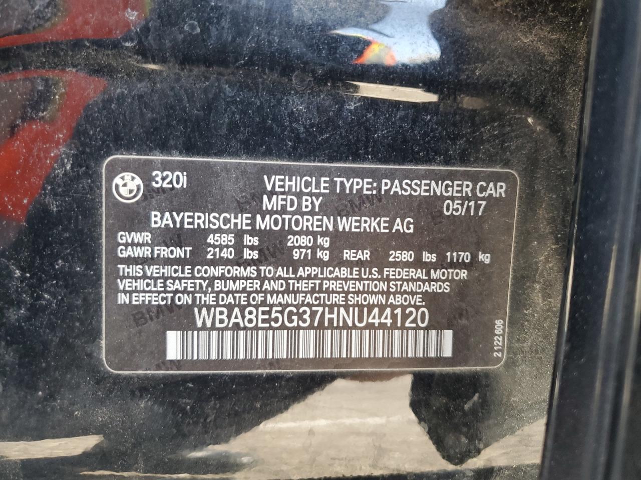 2017 BMW 320 Xi VIN: WBA8E5G37HNU44120 Lot: 63754005