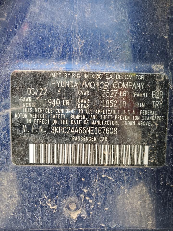 2022 Hyundai Accent Se VIN: 3KPC24A66NE167608 Lot: 86349314