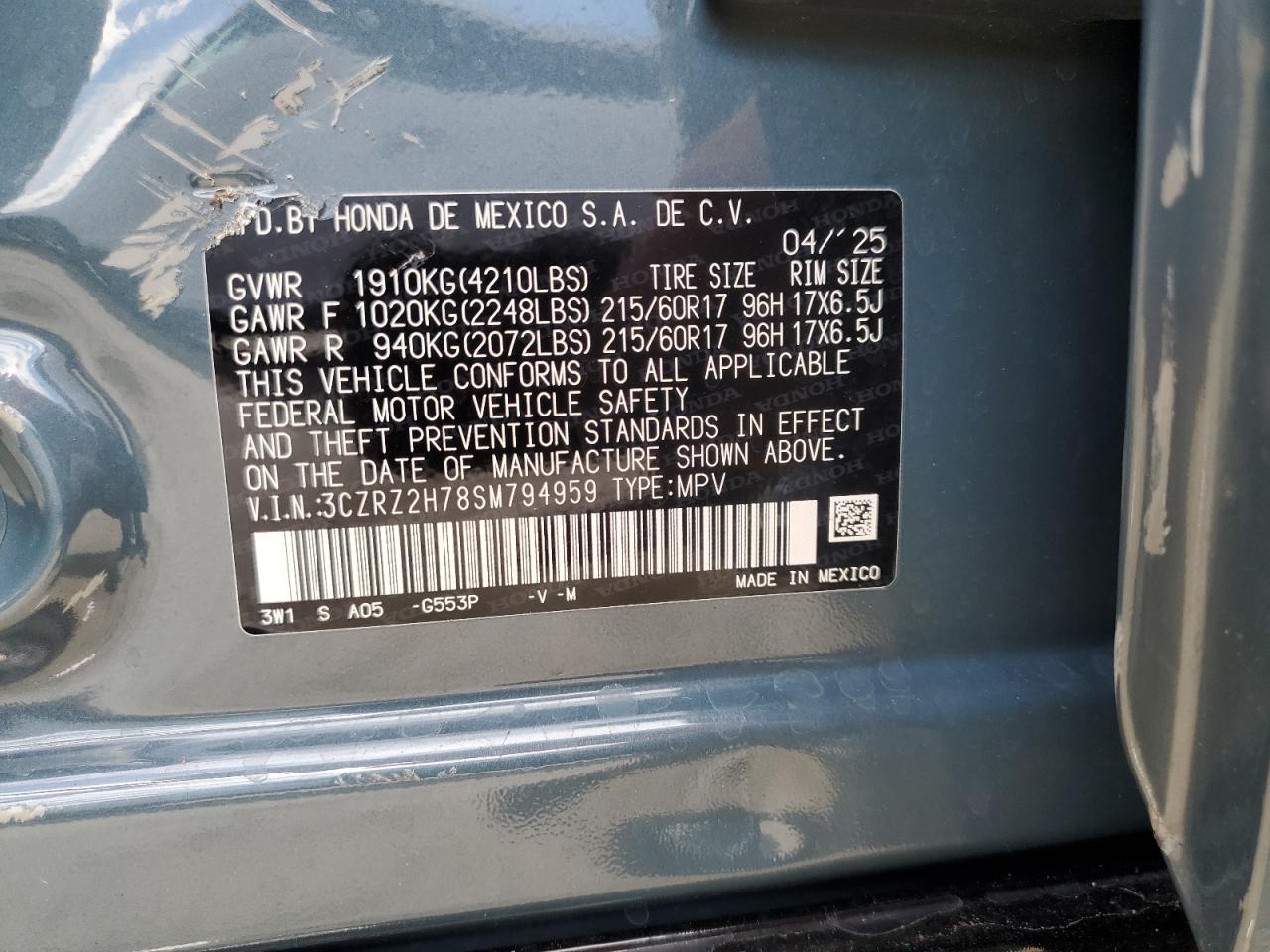 2025 Honda Hr-V Exl VIN: 3CZRZ2H78SM794959 Lot: 65040235
