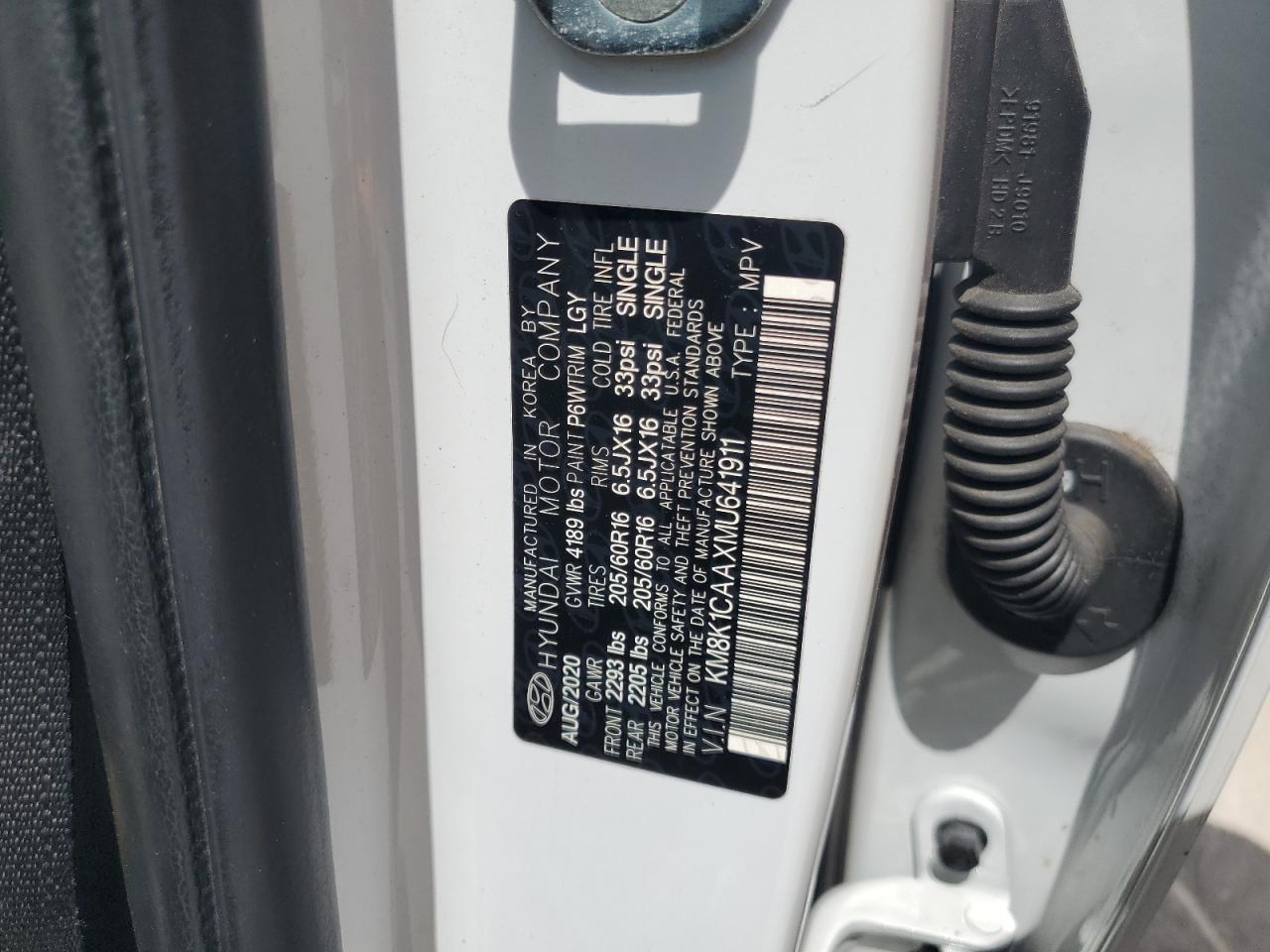 2021 Hyundai Kona Se VIN: KM8K1CAAXMU641911 Lot: 65593955