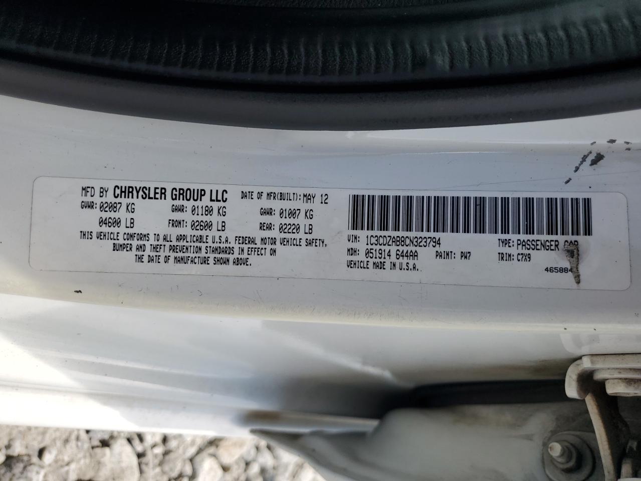 2012 Dodge Avenger Se VIN: 1C3CDZAB8CN323794 Lot: 64609875