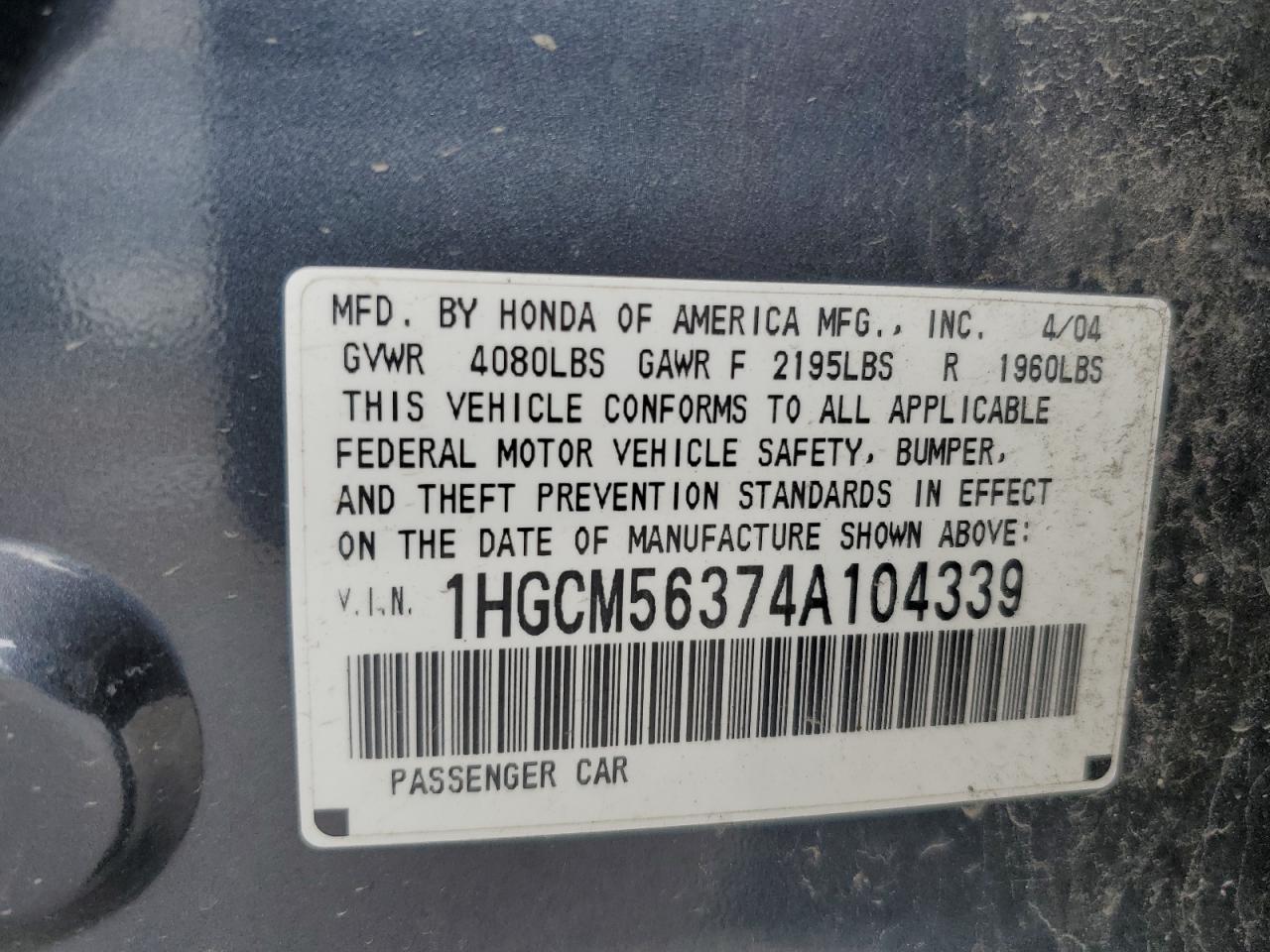 2004 Honda Accord Lx VIN: 1HGCM56374A104339 Lot: 65097195