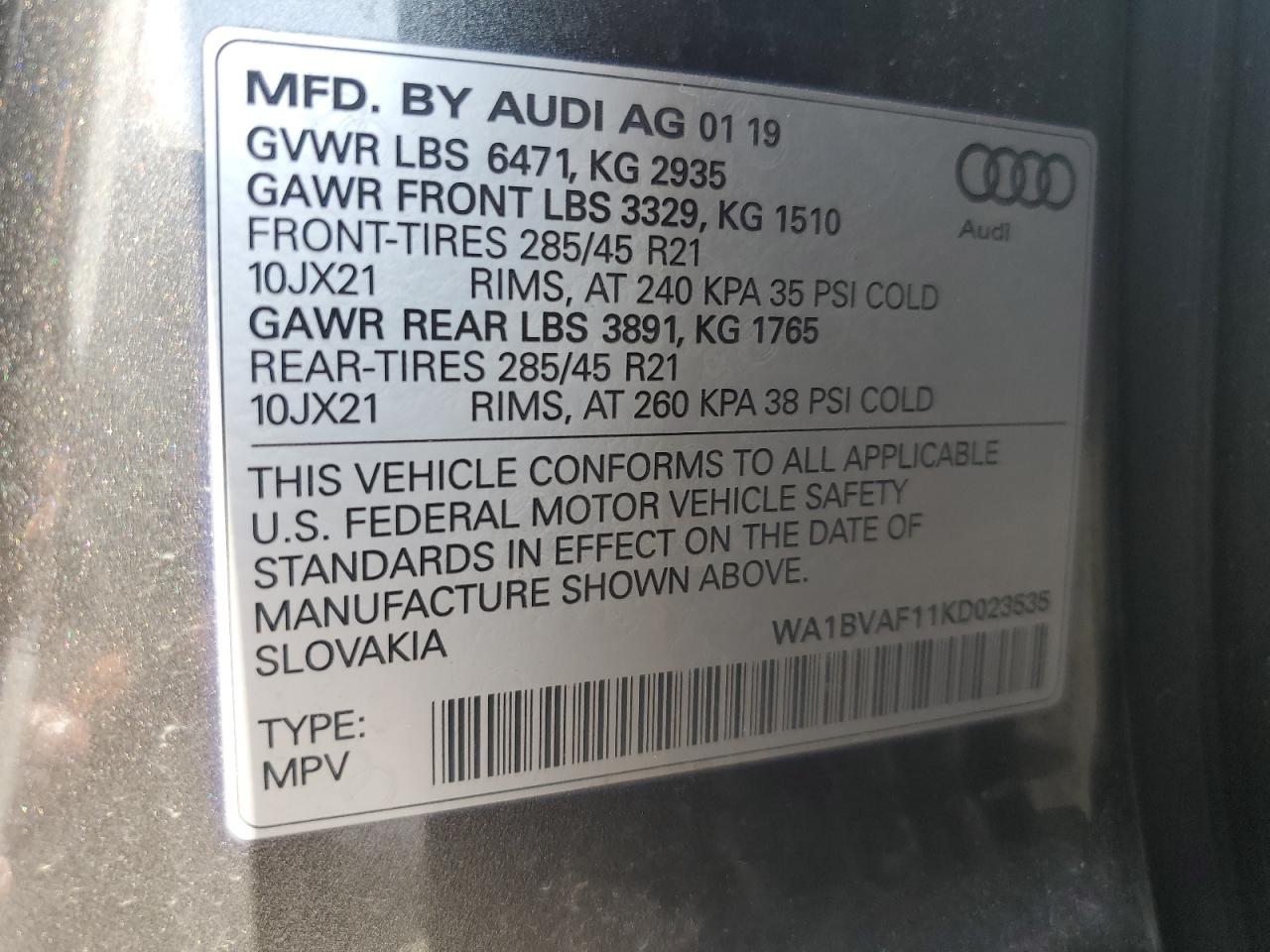 2019 Audi Q8 Premium Plus VIN: WA1BVAF11KD023535 Lot: 64421365